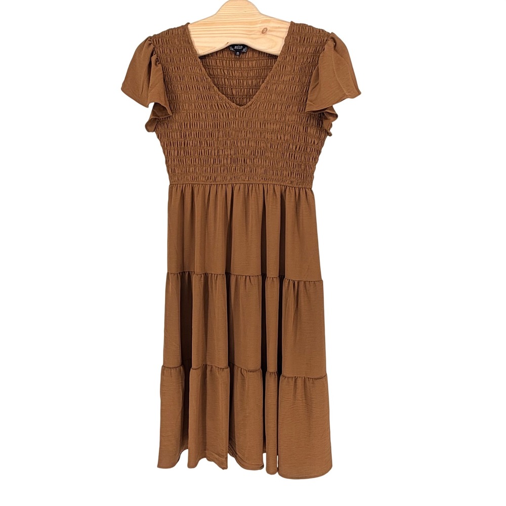 Perch by Blu Pepper Midi Dress 2X Brown Smocked V-Neck Tiered Flutter Sleeve